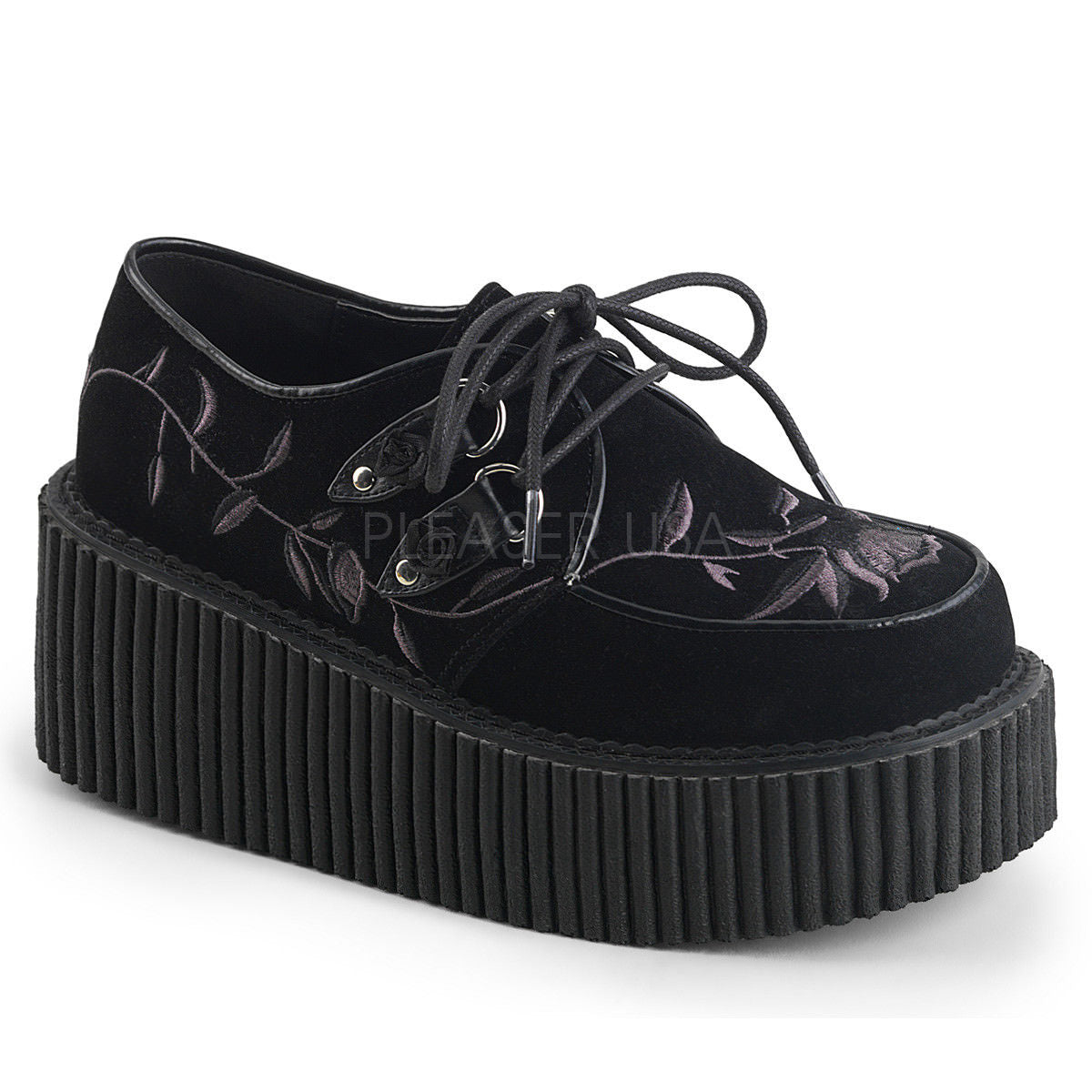 DEMONIA Creeper-219 Flower Goth Alternative Platform Flats Creepers 3' Heels - A Shoe Addiction