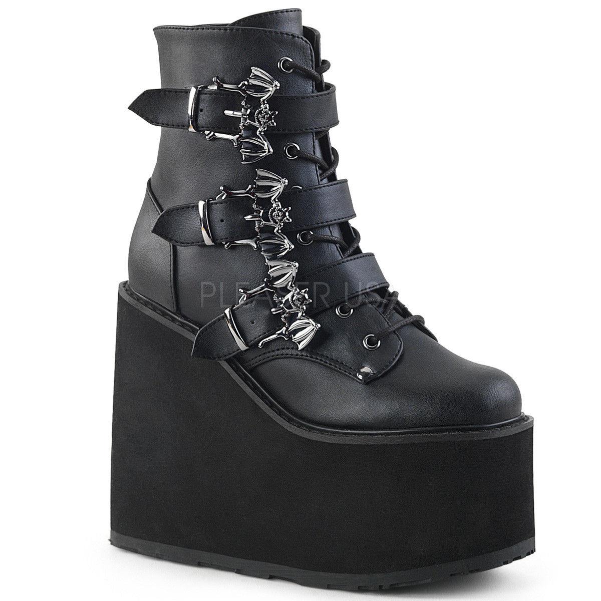 DEMONIA Swing-103 Goth Metal Bat Buckles 5.5" Platform Wedge Calf Ankle Boots - A Shoe Addiction