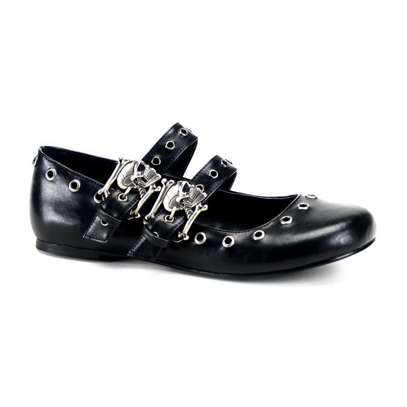 DEMONIA Daisy-03 Black Goth Punk Skull Buckles Vegan Steampunk Ballet Flats - A Shoe Addiction
