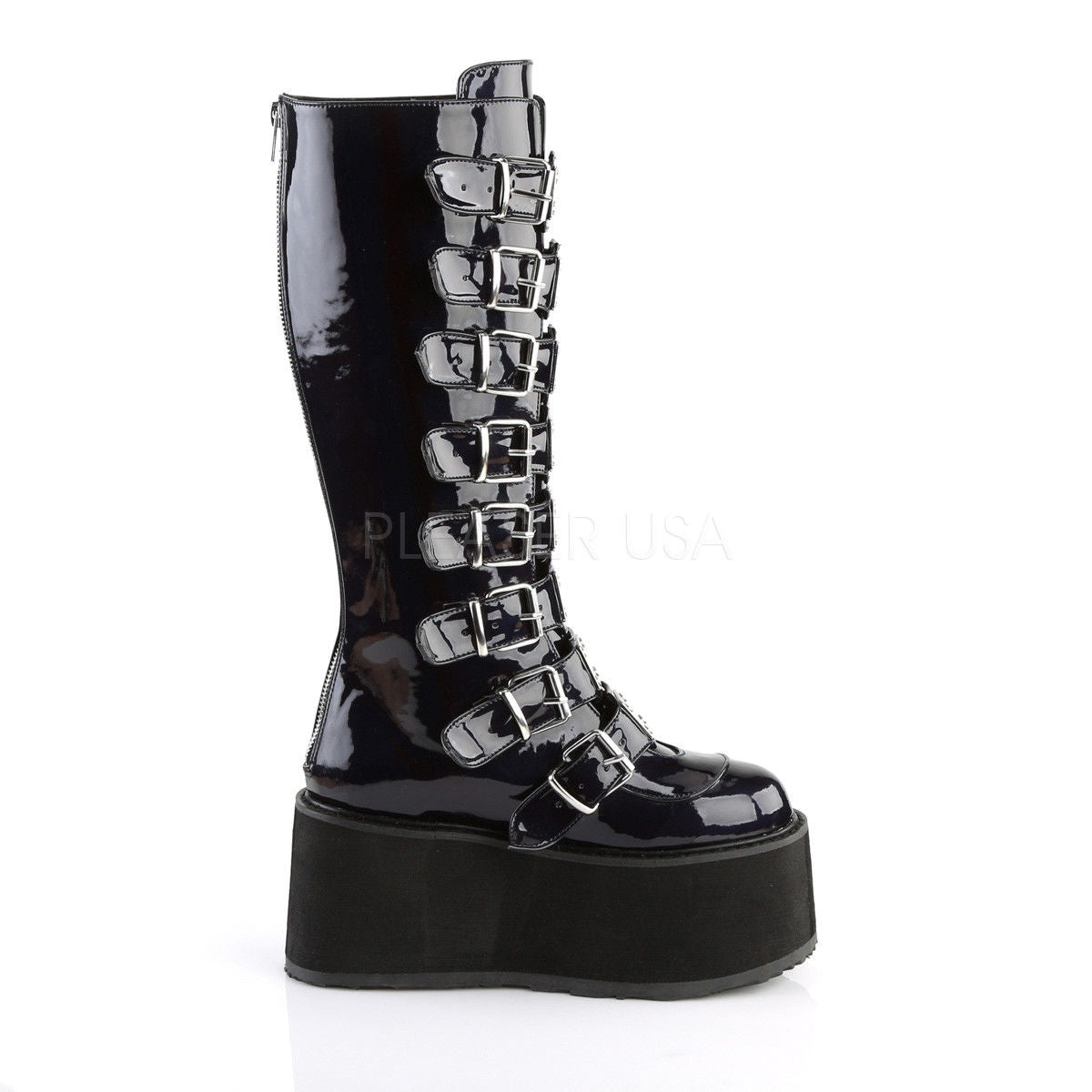 DEMONIA Damned-318 Hologram White Velvet Vegan Leather Goth Spike Buckles Boots - A Shoe Addiction