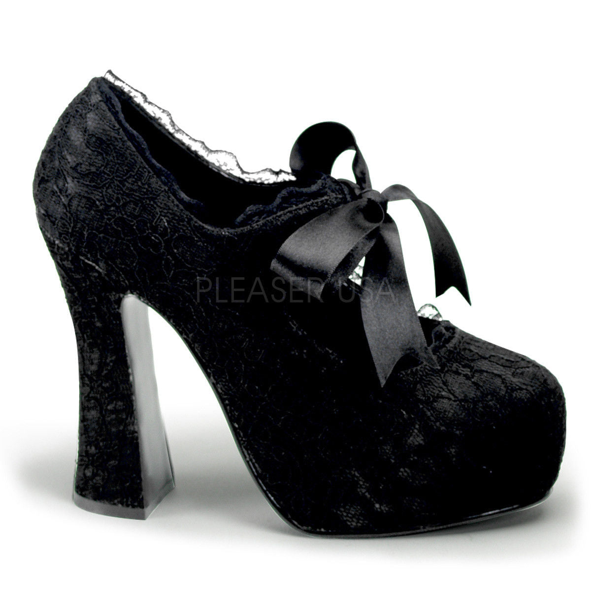 DEMONIA Demon-11 Black Satin Lace Goth Ribbon Bow Platforms Mary Janes 5" Heels - A Shoe Addiction
