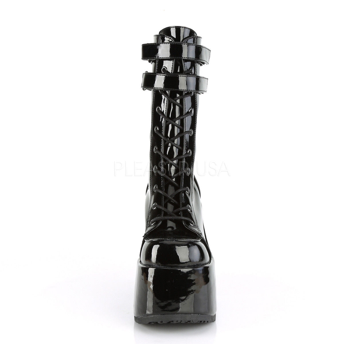 DEMONIA Camel-250 Black Goth Alternative Lace Up Mid Calf Thick Chunky Heel Boot - A Shoe Addiction