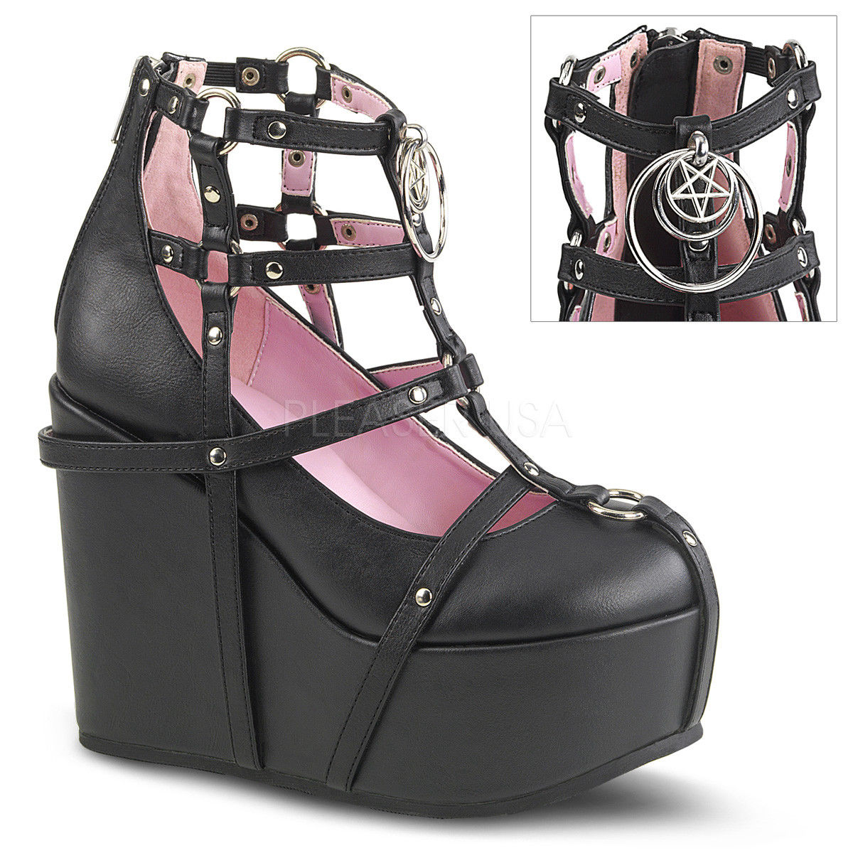 DEMONIA Poison-25-1 Goth Pentagram Charm Cage Bootie Strappy Bondage Wedge Heels - A Shoe Addiction