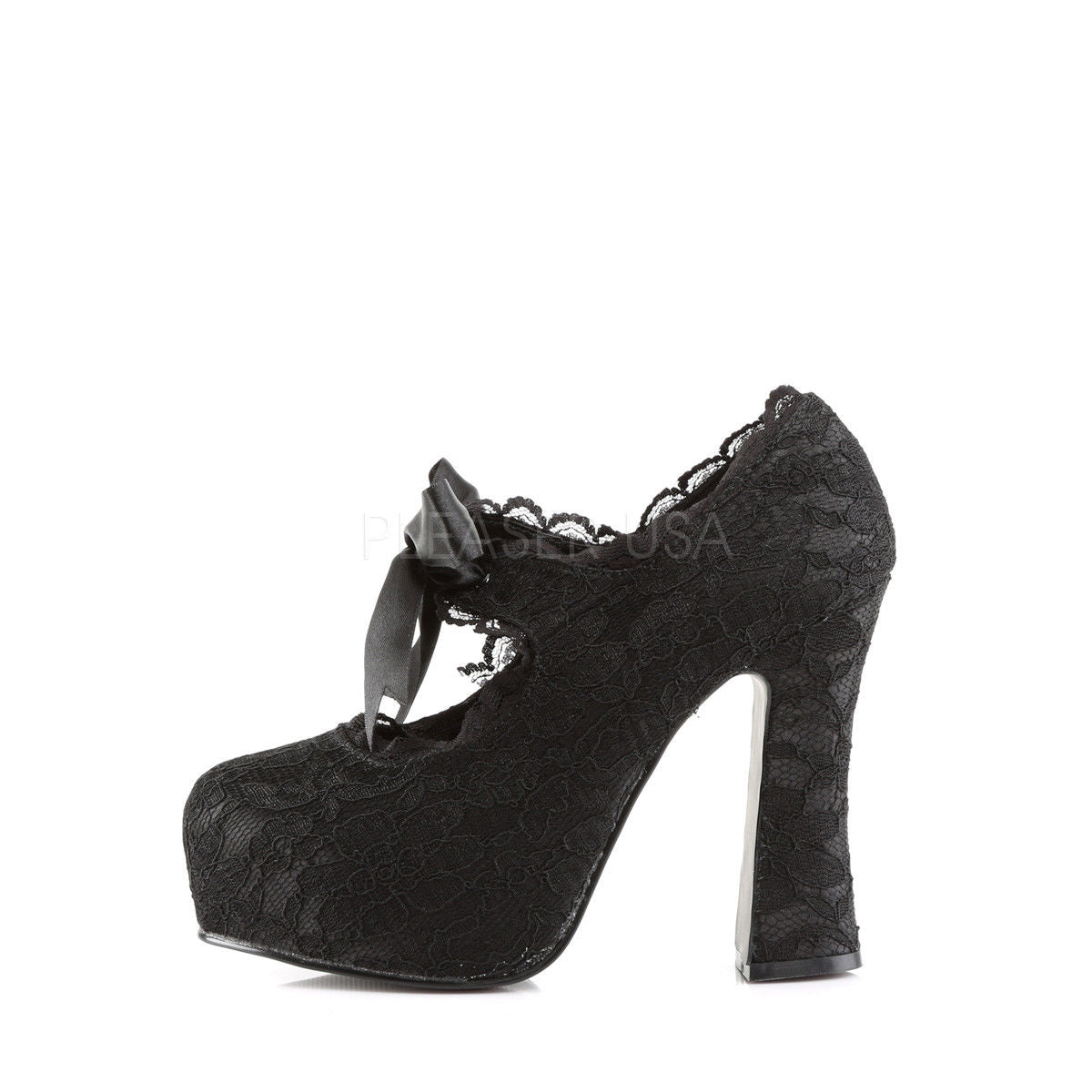 DEMONIA Demon-11 Black Satin Lace Goth Ribbon Bow Platforms Mary Janes 5" Heels - A Shoe Addiction