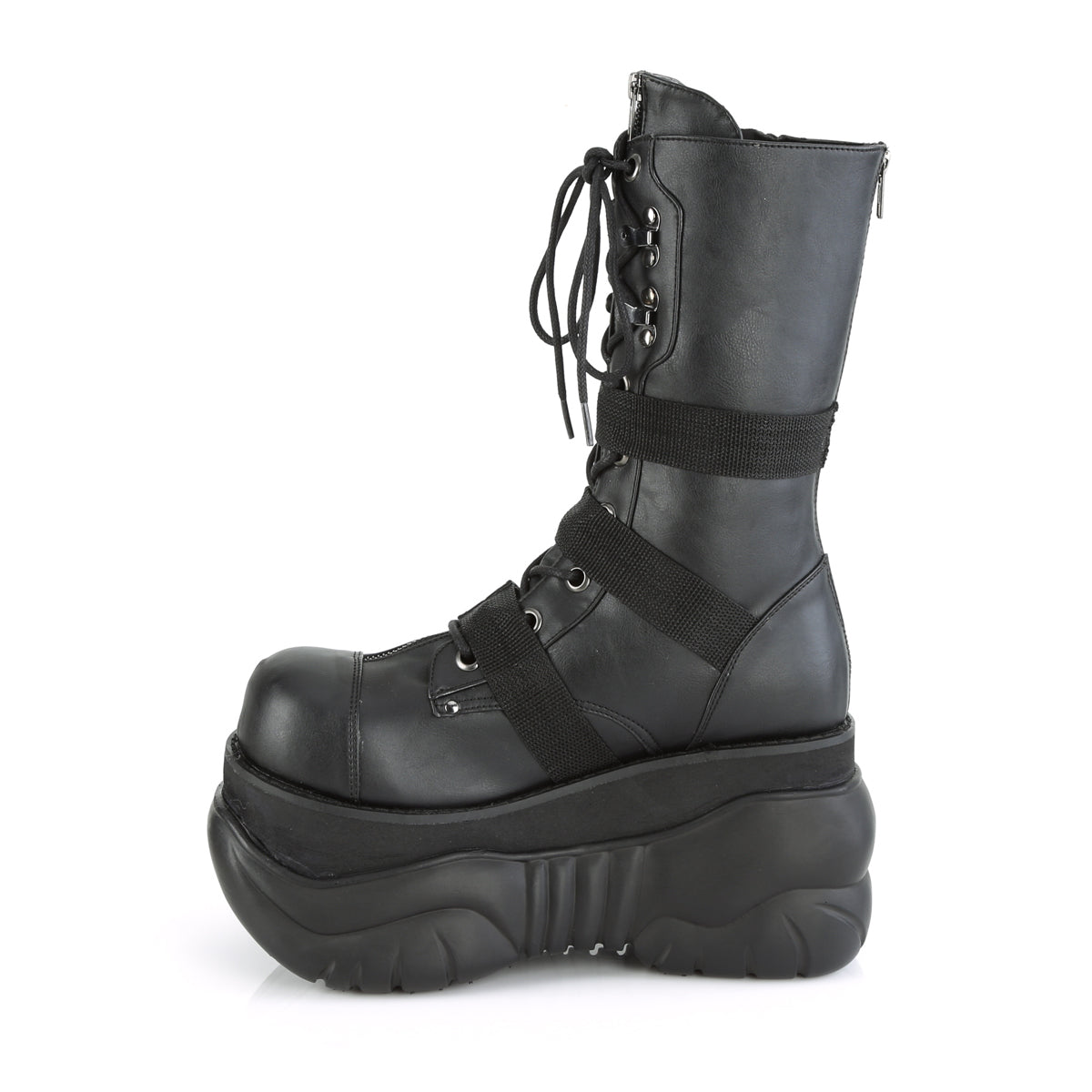 DEMONIA Boxer-230 Men's Unisex Nylon Strap Goth Rocker Cyber Platform Calf Boots - A Shoe Addiction