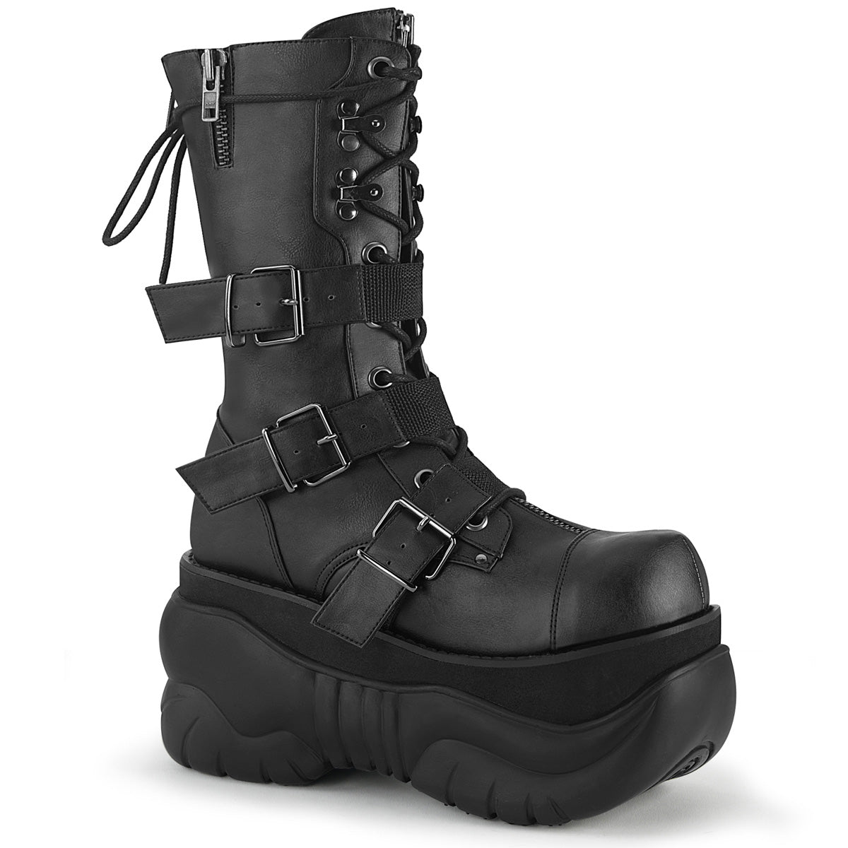 DEMONIA Boxer-230 Men's Unisex Nylon Strap Goth Rocker Cyber Platform Calf Boots - A Shoe Addiction