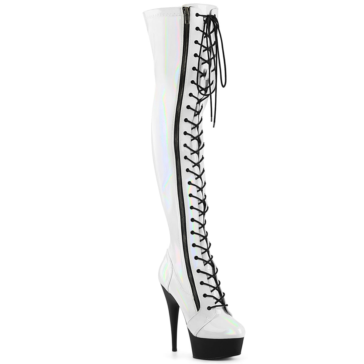 DELIGHT-3029 - White Stretch Hologram Patent/Black Matte Boots