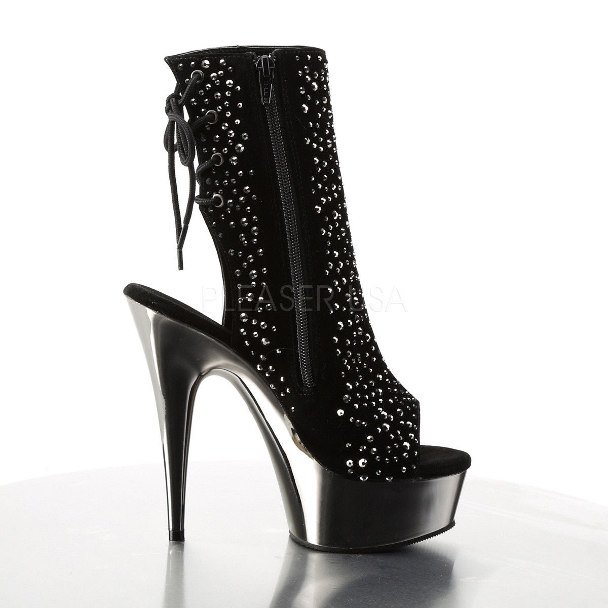 PLEASER Delight-1018RS Velvet Rhinestone Pewter Chrome Club Platform Ankle Boots - A Shoe Addiction