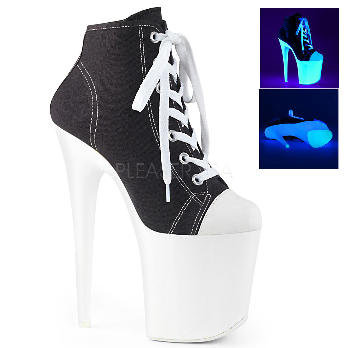 PLEASER Flamingo-800SK-02 Neon UV Reactive Canvas Platform Sneaker Boots 8" Heel - A Shoe Addiction