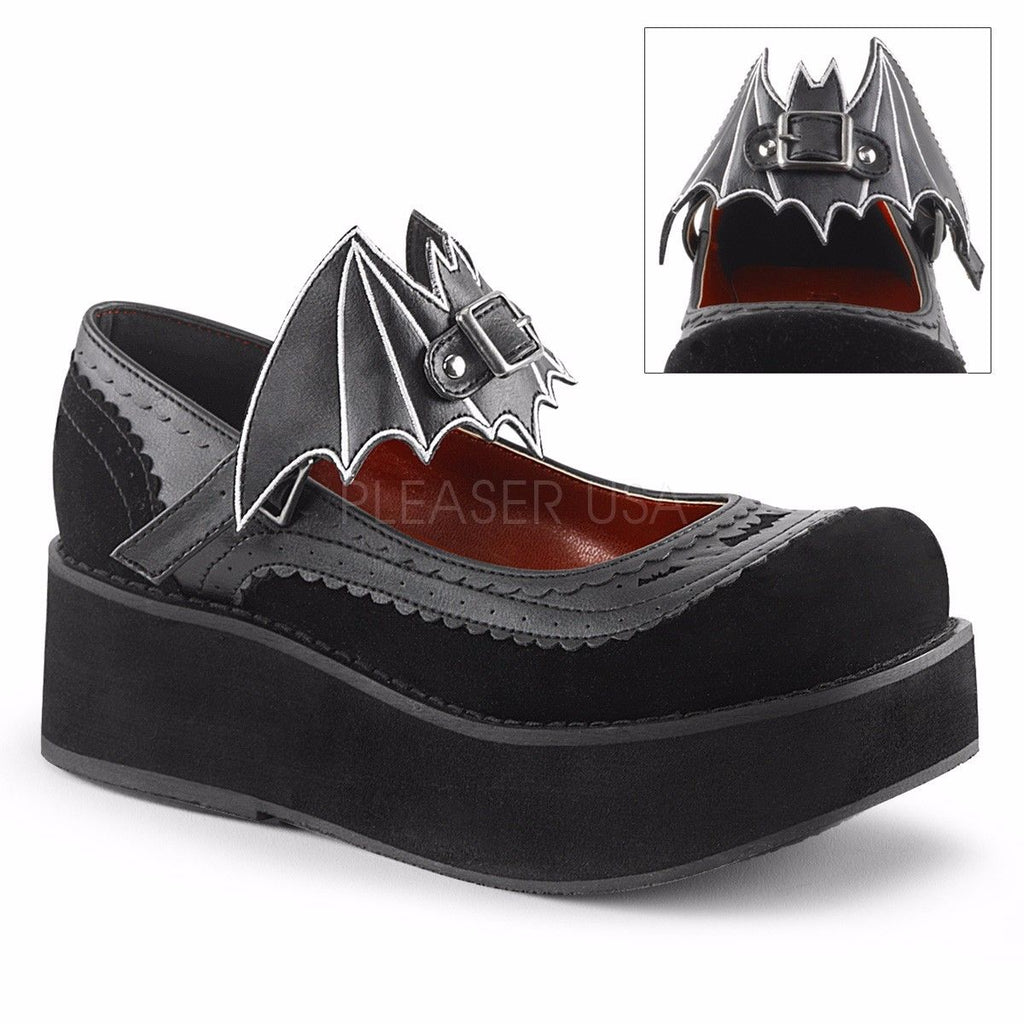 DEMONIA Sprite-09 Black Velvet Goth Removable Bat Buckle Platforms Mary Janes - A Shoe Addiction
