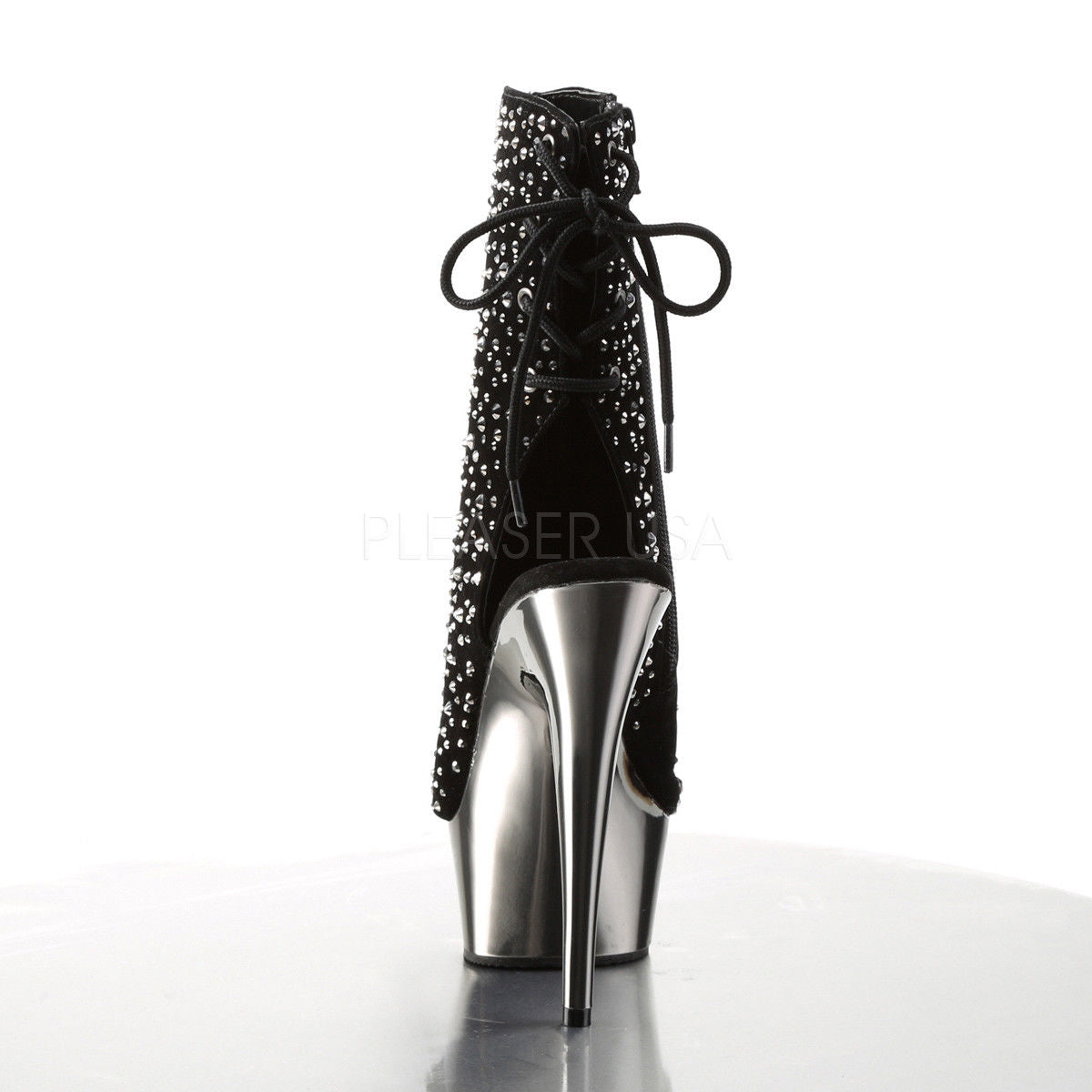 PLEASER Delight-1018RS Velvet Rhinestone Pewter Chrome Club Platform Ankle Boots - A Shoe Addiction