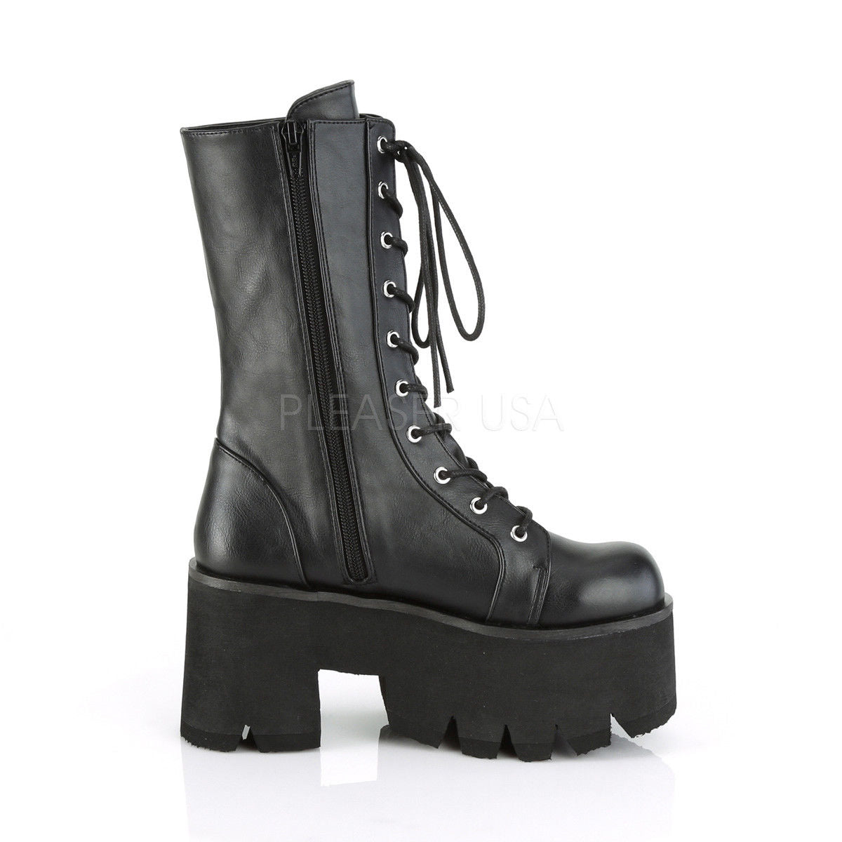 DEMONIA Ashes-105 Women's Lace Up Zip Chunky Thick Platform Heel Mid Calf Boots - A Shoe Addiction