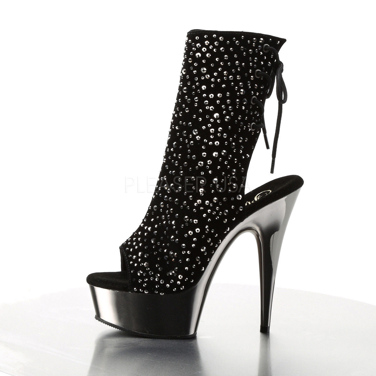 PLEASER Delight-1018RS Velvet Rhinestone Pewter Chrome Club Platform Ankle Boots - A Shoe Addiction