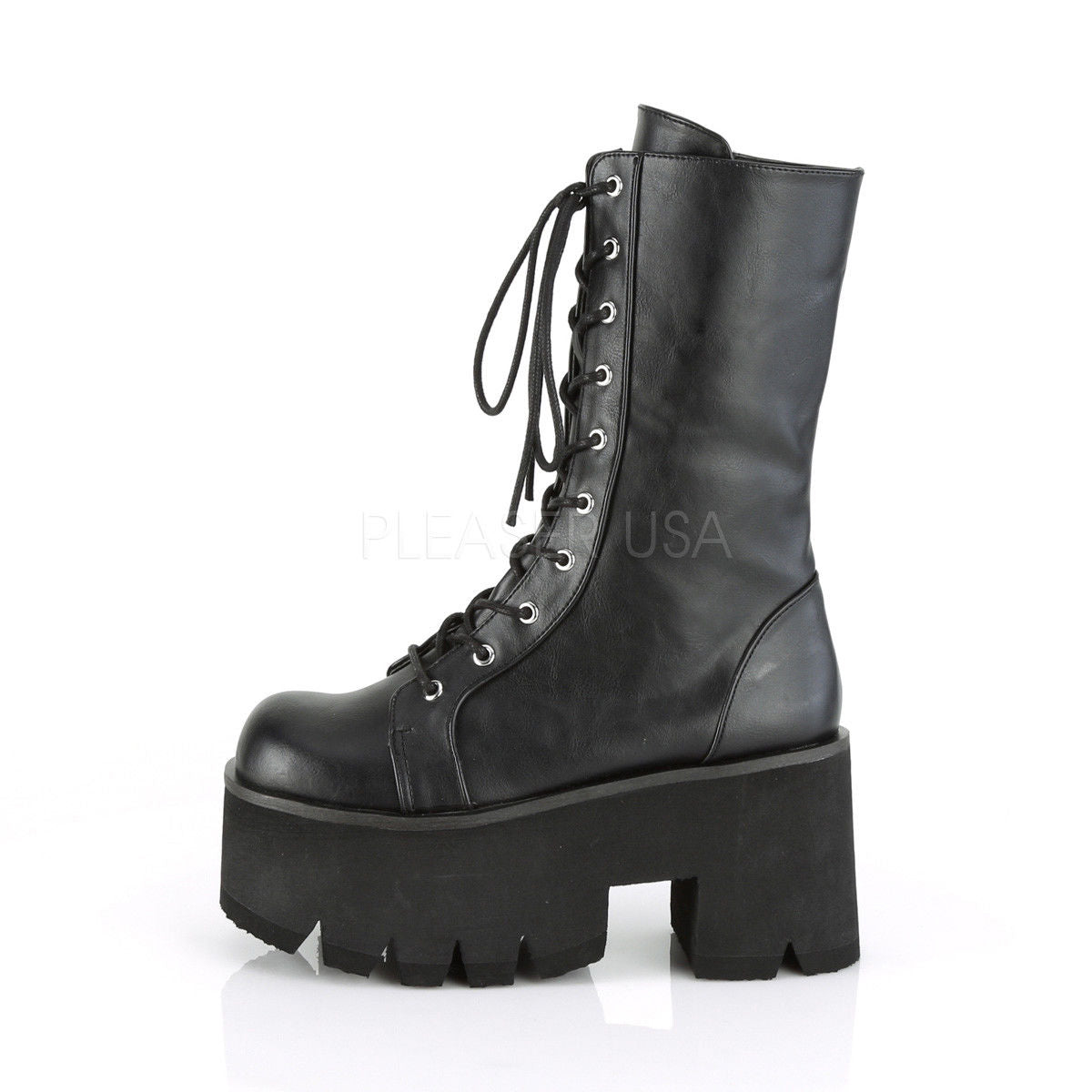 DEMONIA Ashes-105 Women's Lace Up Zip Chunky Thick Platform Heel Mid Calf Boots - A Shoe Addiction