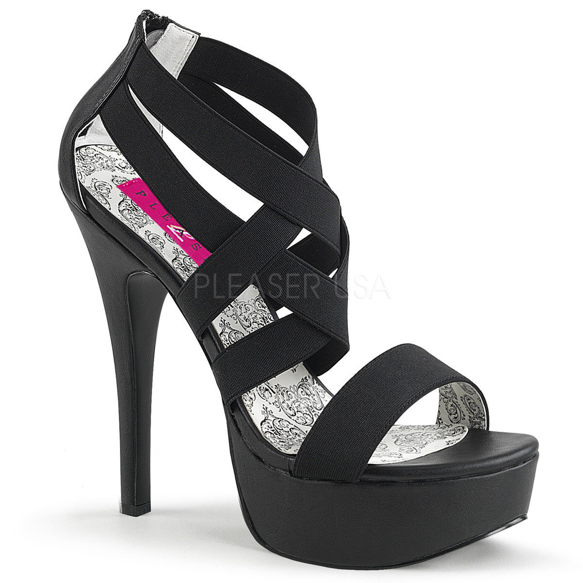 PLEASER PINK LABEL Teeze-47W WIDE WIDTH Black Elastic Strappy Drag Size 10-15 - A Shoe Addiction