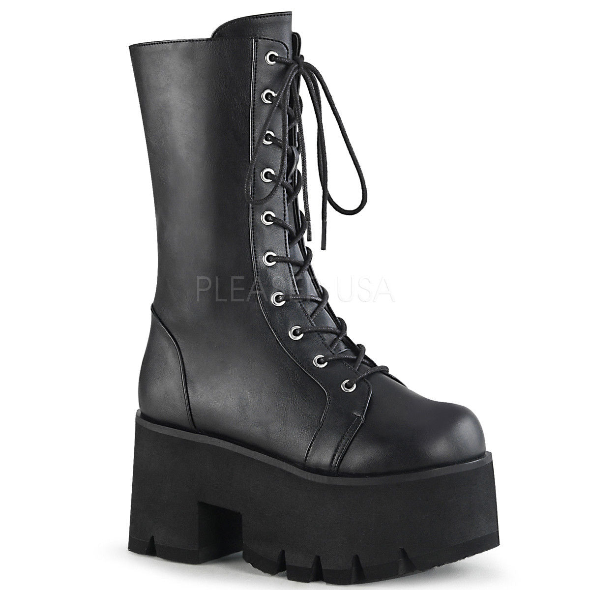 DEMONIA Ashes-105 Women's Lace Up Zip Chunky Thick Platform Heel Mid Calf Boots - A Shoe Addiction