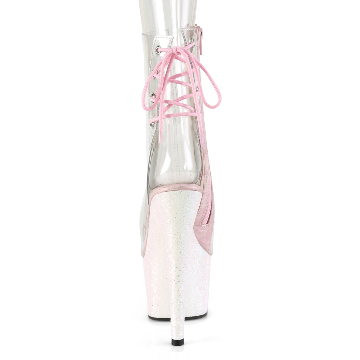 PLEASER Adore-1018C Clear Opal Glitter Dancer Open Toe Lace Up Back Calf 7" Boot - A Shoe Addiction