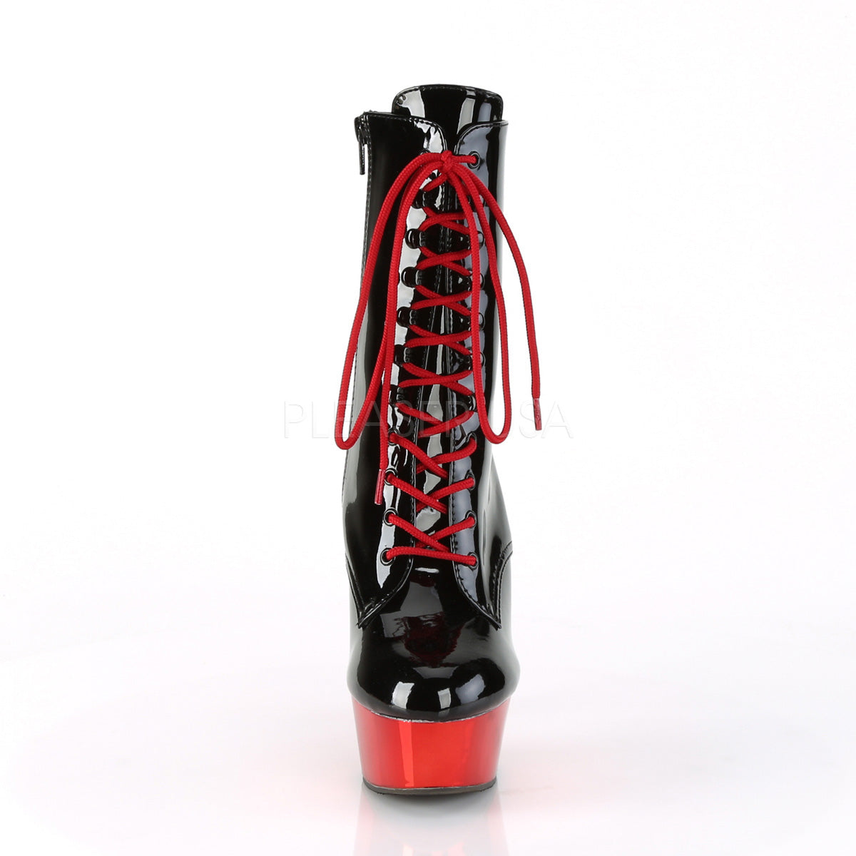 PLEASER Delight-1020 Black Rose Gold Red Chrome Laces 6" Heels Ankle Calf Boots - A Shoe Addiction