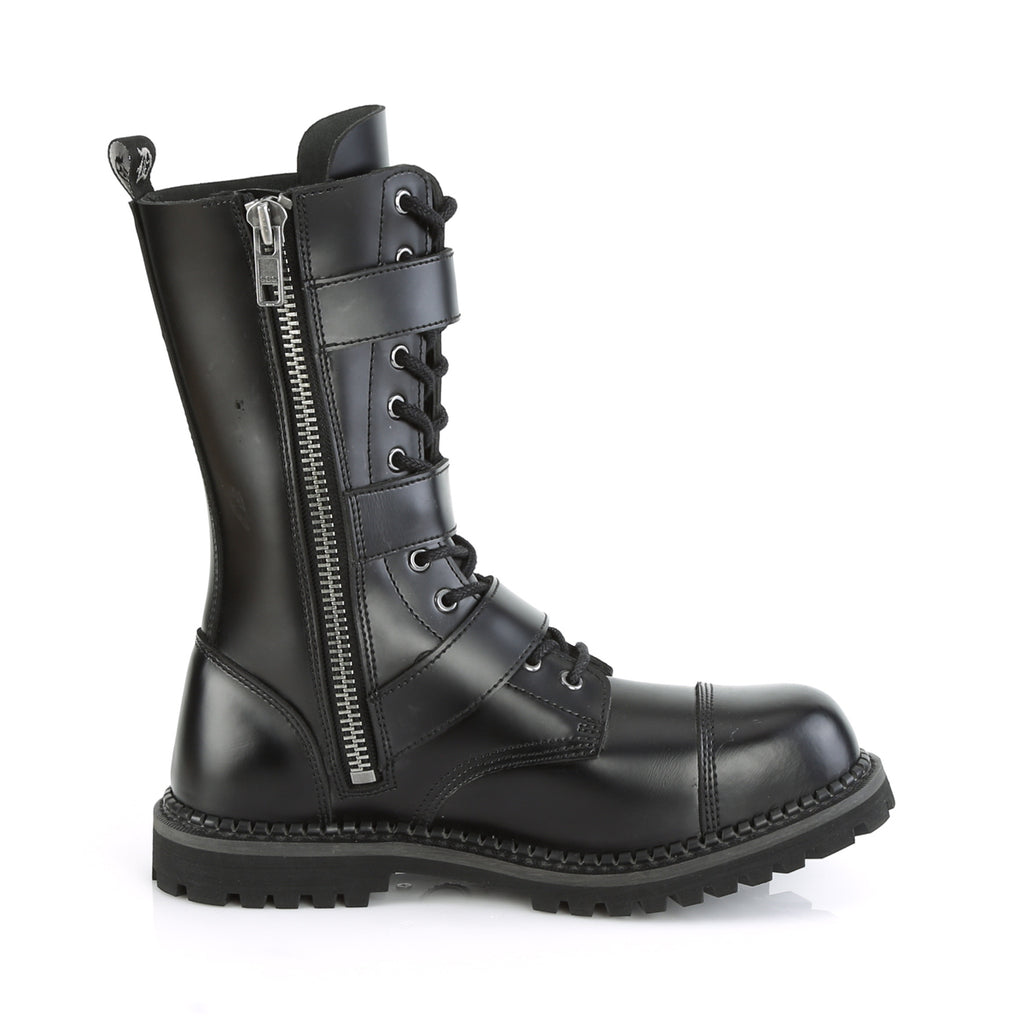 DEMONIA Riot-12BK Black Real Leather Mens Unisex Goth Rocker Biker Combat Boots - A Shoe Addiction