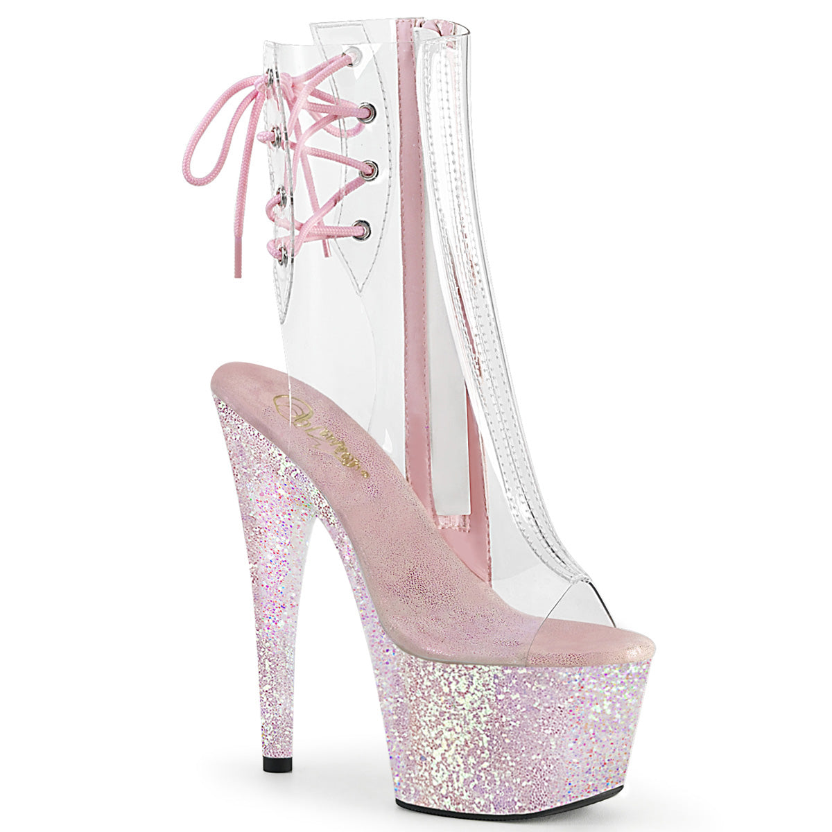 PLEASER Adore-1018C Clear Opal Glitter Dancer Open Toe Lace Up Back Calf 7" Boot - A Shoe Addiction