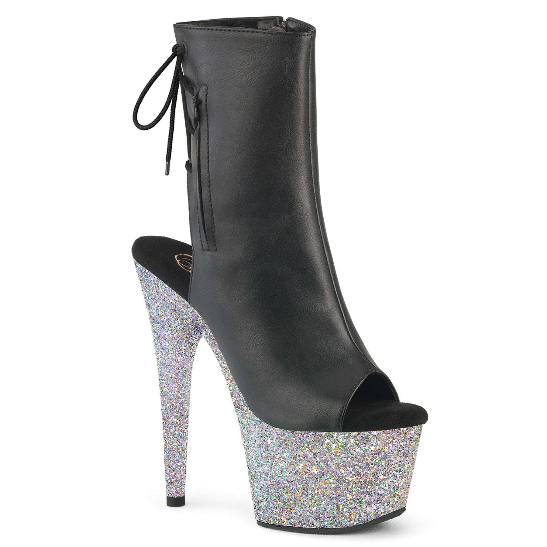 ADORE-1018LG - Black Faux Leather/Silver Multi Glitter Boots