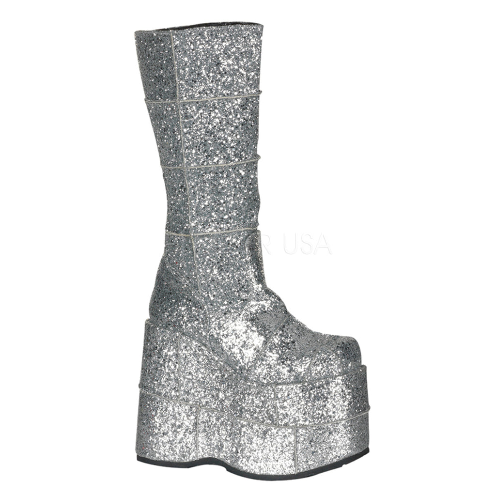 DEMONIA Stack-301G Glitter Men's Unisex Goth Punk Cyber 7" Platform Knee Boots - A Shoe Addiction