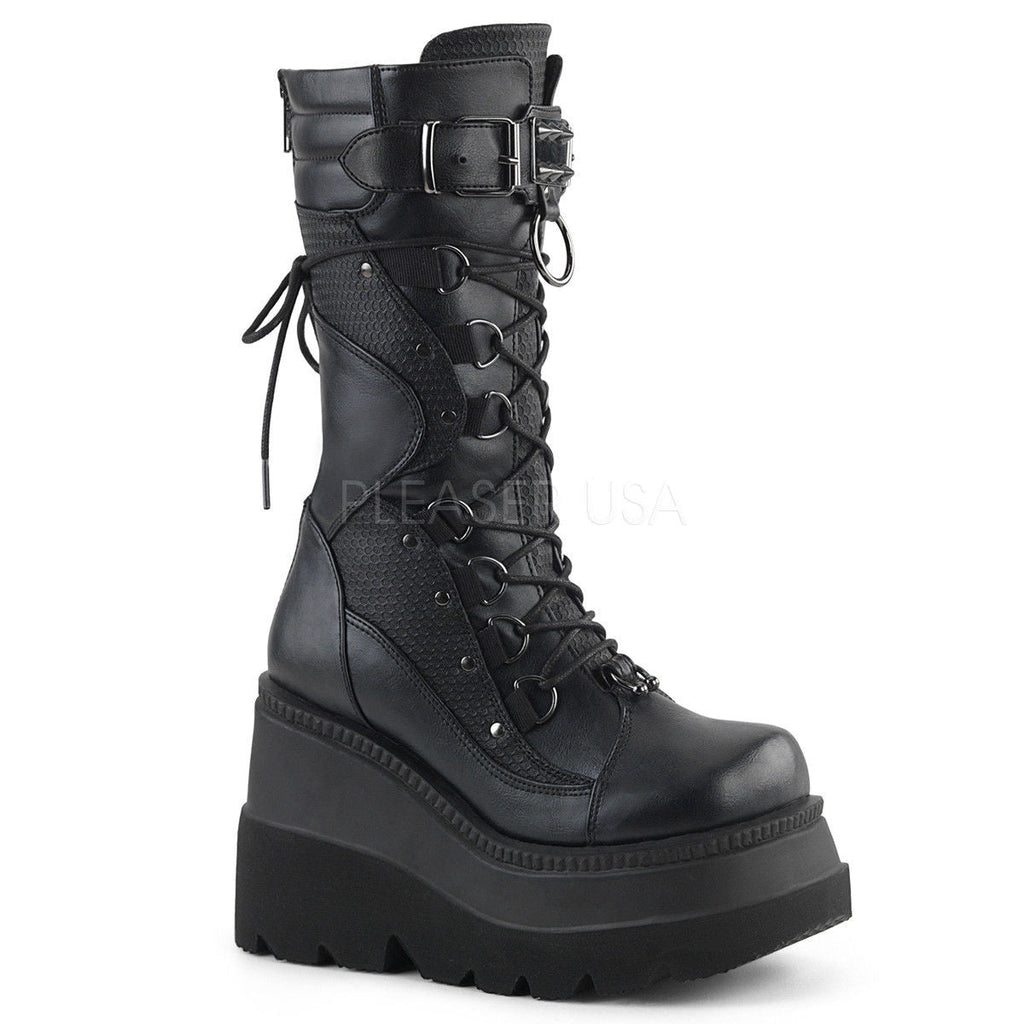 DEMONIA Shaker-70 Horseshoe O-Ring Metal Studded Plate Goth Platform Calf Boots - A Shoe Addiction