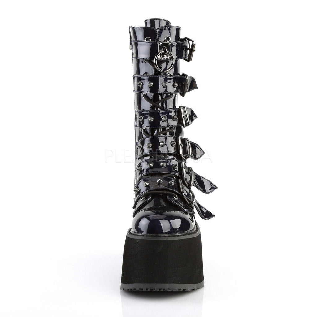 DEMONIA Damned-225 Hologram Velvet Vegan Leather Goth Spike Buckles Calf Boots - A Shoe Addiction