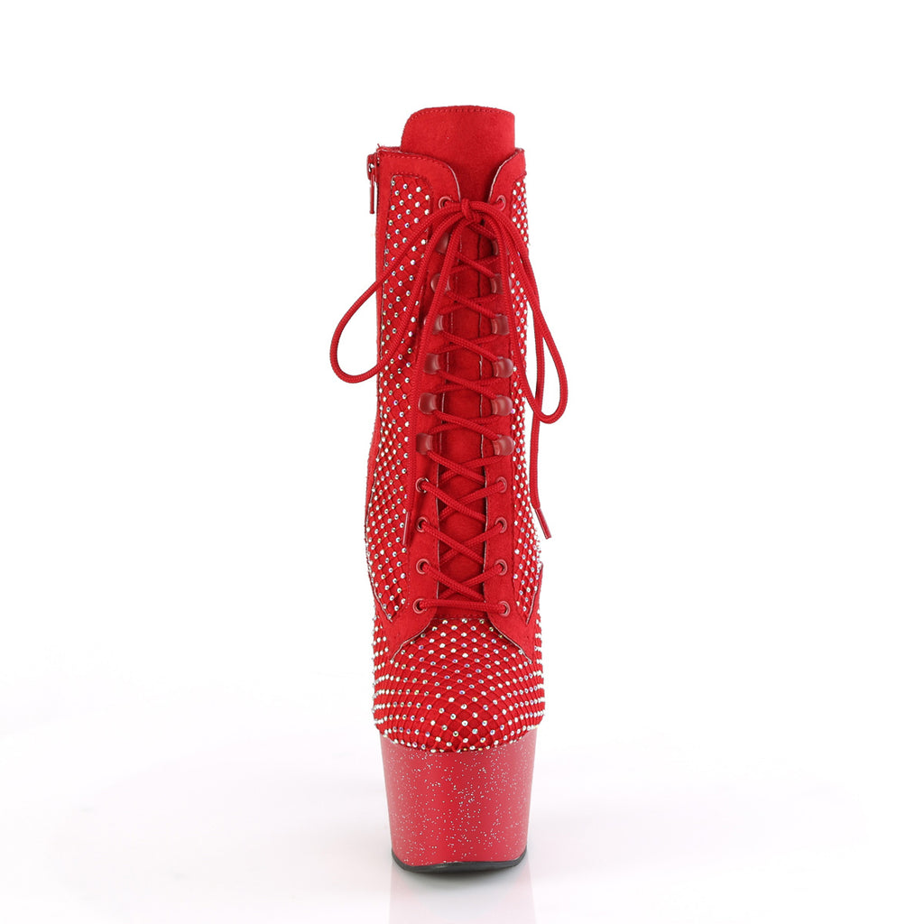 ADORE-1020RM - Red Faux Suede-Rhinestone Mesh Boots