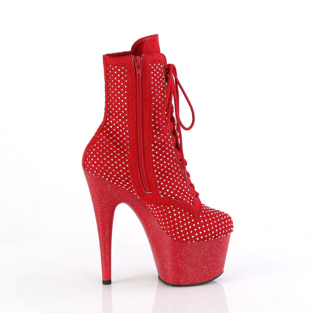 ADORE-1020RM - Red Faux Suede-Rhinestone Mesh Boots