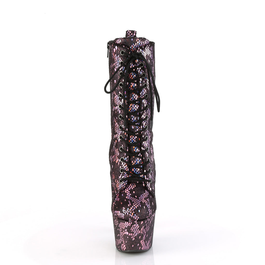 ADORE-1040SPF - Baby Pink Metallic Holo Snake Print Fabric Ankle Boots