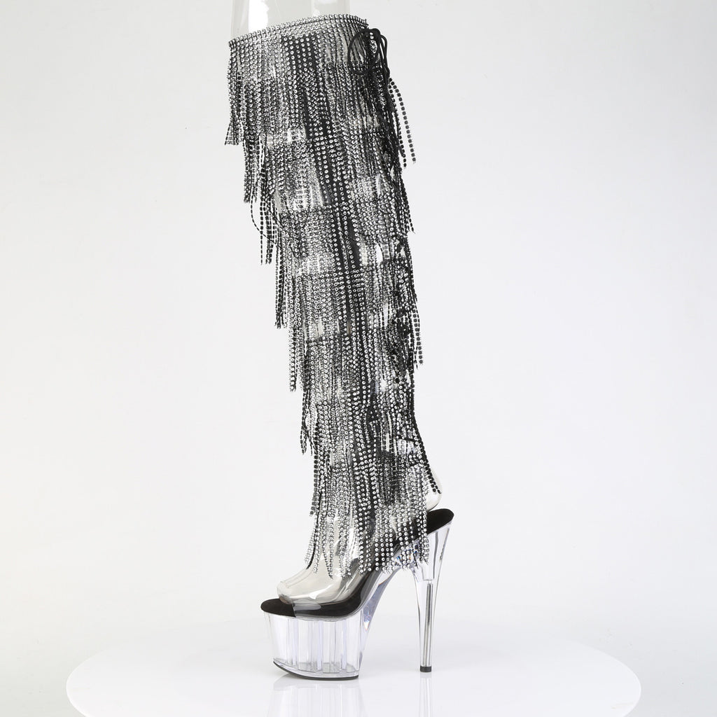 ADORE-3019C-RSF - Black/Clear Rhinestone Fringe Thigh Boots