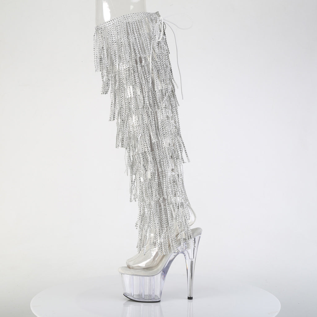 ADORE-3019C-RSF - Silver/Clear Rhinestone Fringe Thigh Boots