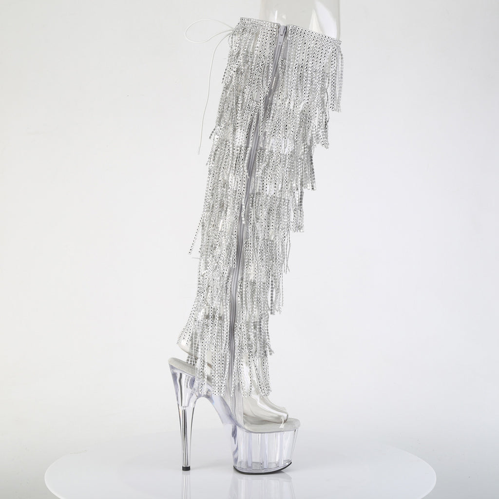 ADORE-3019C-RSF - Silver/Clear Rhinestone Fringe Thigh Boots