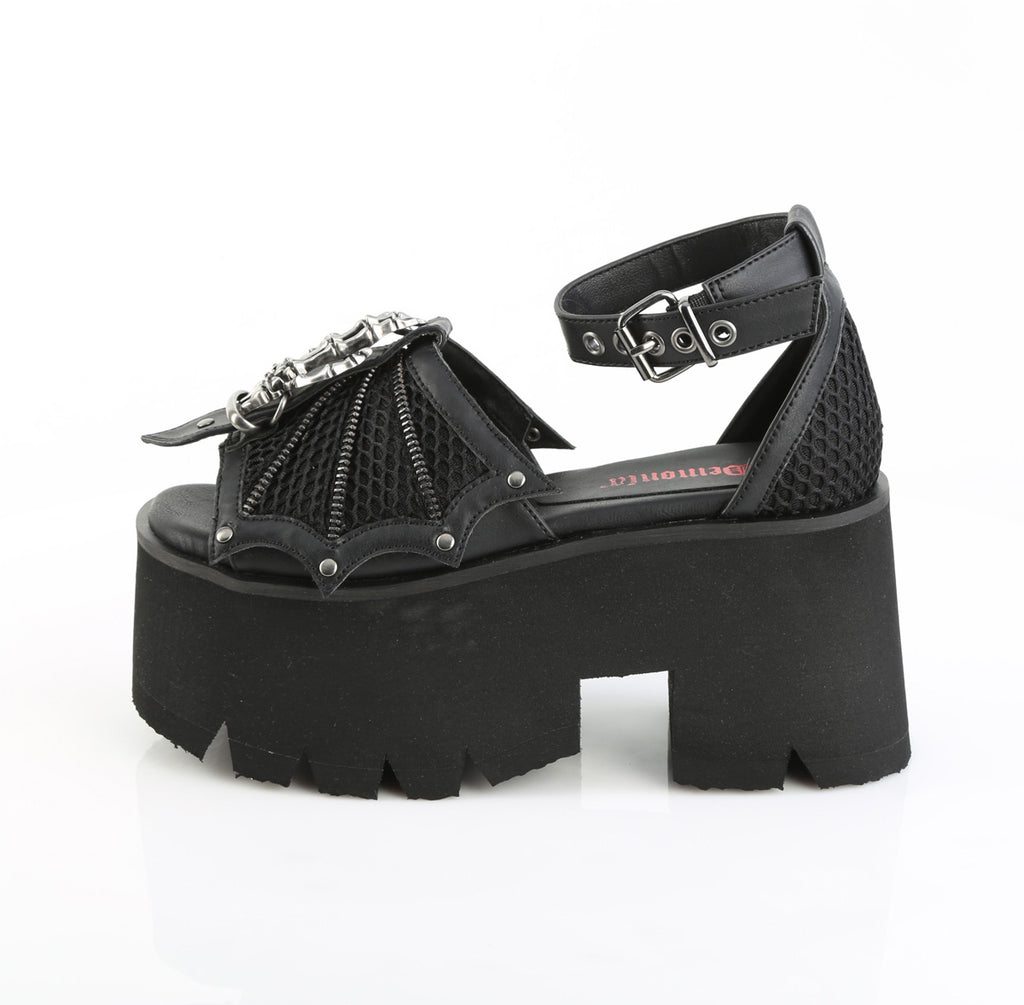 DEMONIA ASHES-11 - Black Vegan Leather-Mesh Sandals