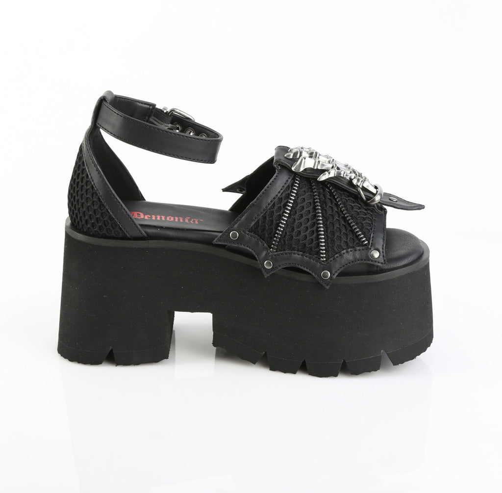DEMONIA ASHES-11 - Black Vegan Leather-Mesh Sandals