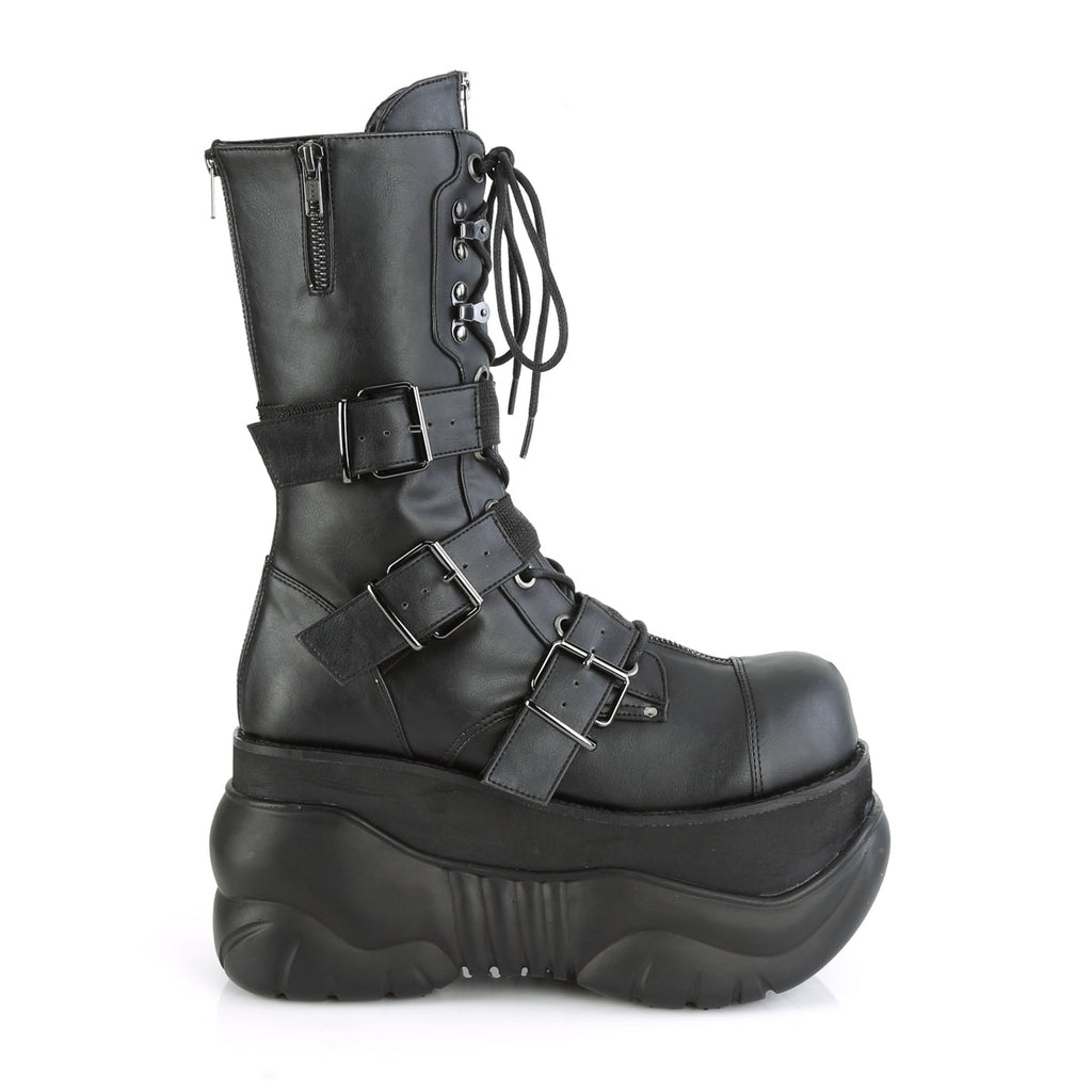 DEMONIA Boxer-230 Men's Unisex Nylon Strap Goth Rocker Cyber Platform Calf Boots - A Shoe Addiction