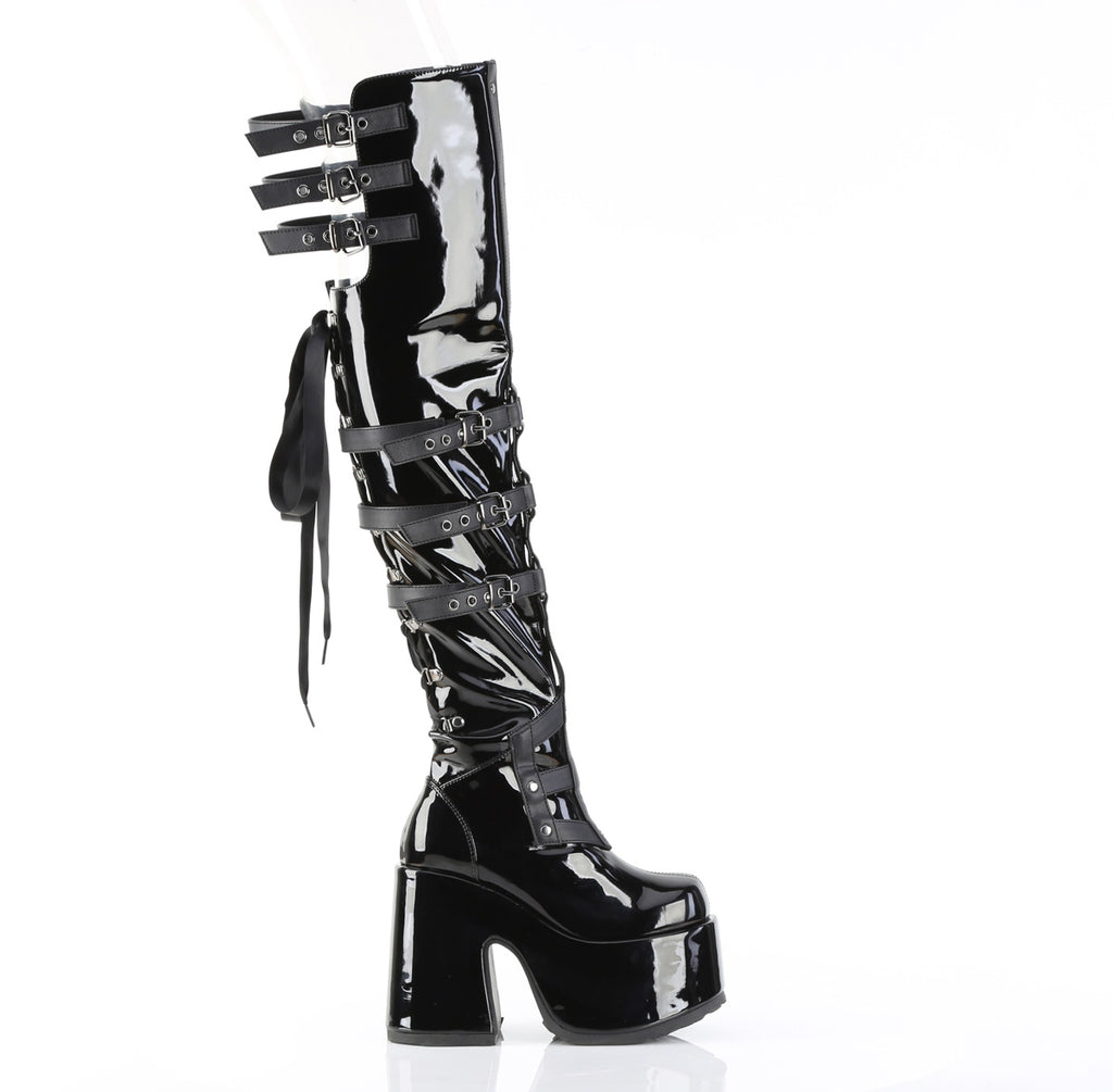 DEMONIA CAMEL-308 - Black Patent Boots