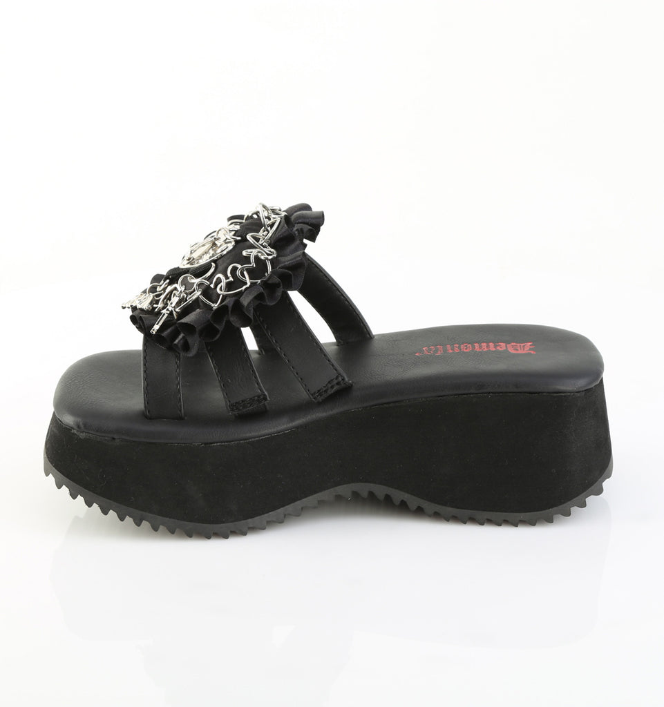 DEMONIA FLIP-16 - Black Vegan Leather-Satin Sandals