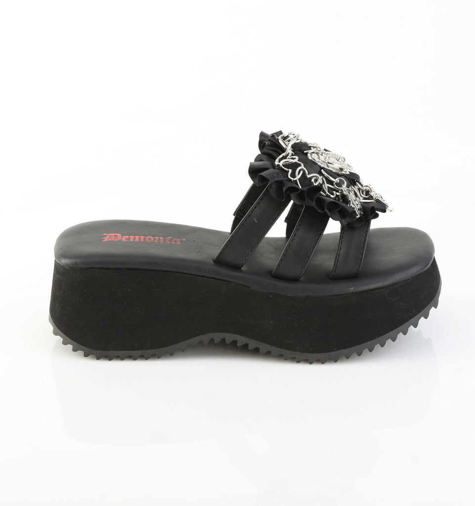 DEMONIA FLIP-16 - Black Vegan Leather-Satin Sandals