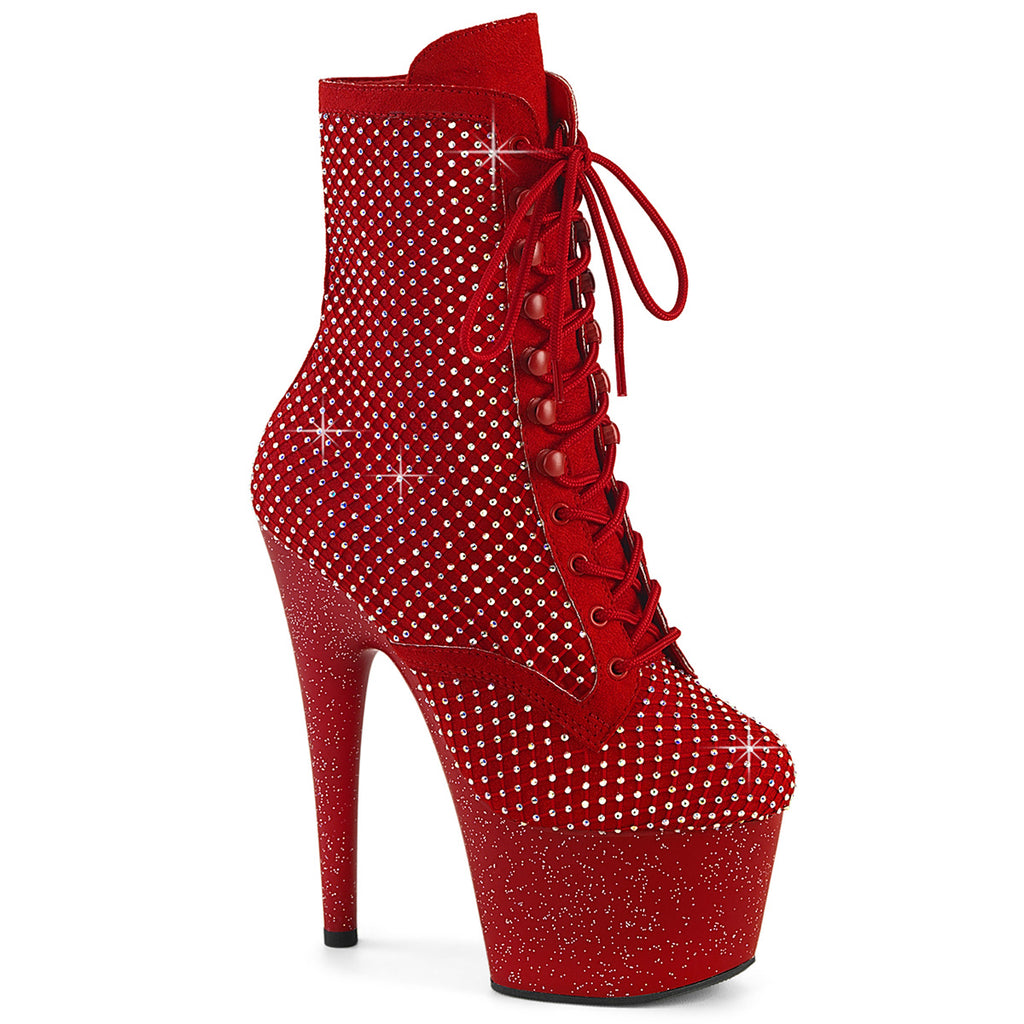 ADORE-1020RM - Red Faux Suede-Rhinestone Mesh Boots