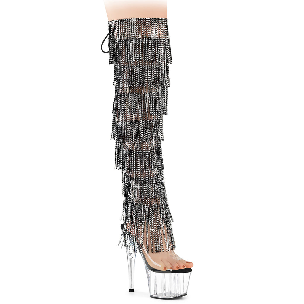 ADORE-3019C-RSF - Black/Clear Rhinestone Fringe Thigh Boots