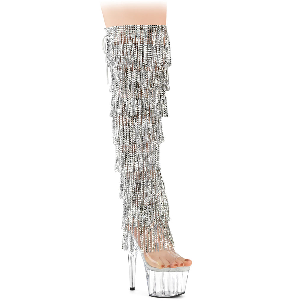 ADORE-3019C-RSF - Silver/Clear Rhinestone Fringe Thigh Boots