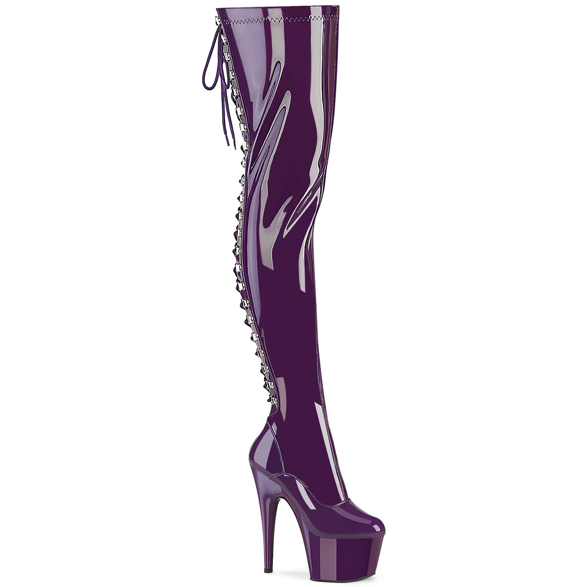 PLEASER ADORE-3063 - Purple Stretch Patent/Purple Thigh Boots - A Shoe Addiction Australia