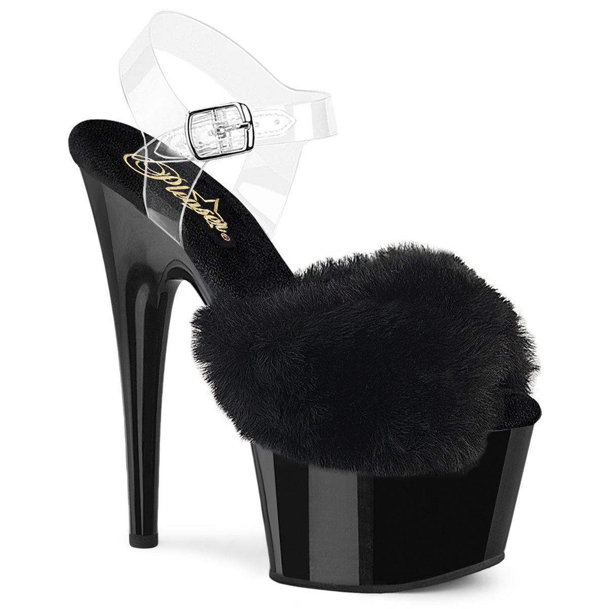 PLEASER ADORE-708FUR - Black Faux Fur-Clr TPU/Black Heels - A Shoe Addiction Australia