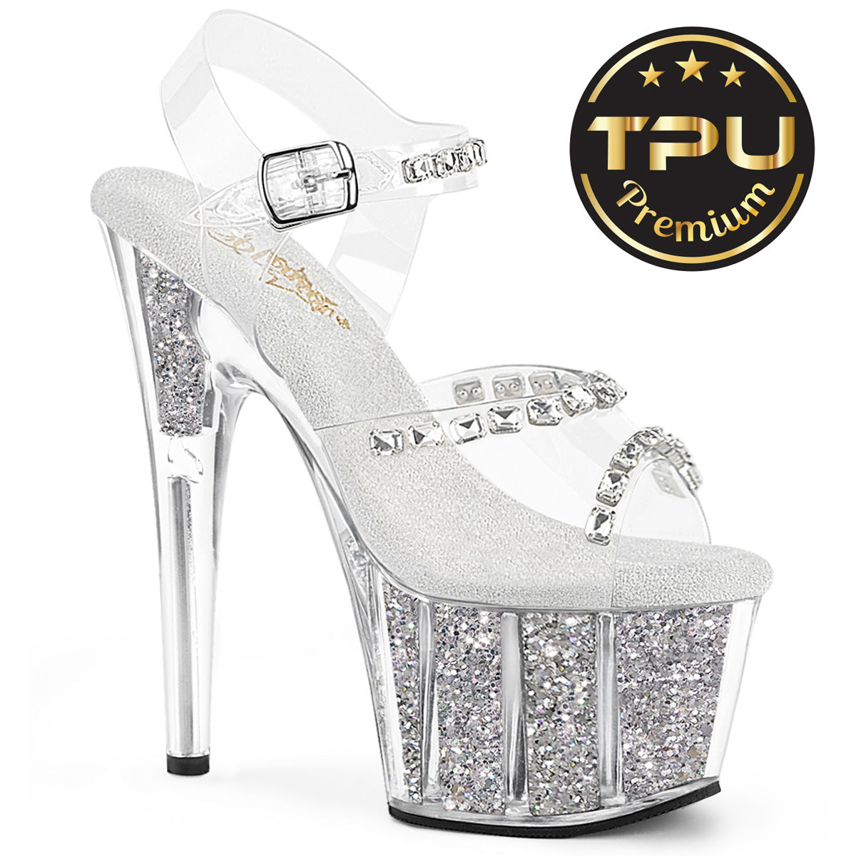 PLEASER ADORE-708PREM-STNG - Clear TPU/Silver Glitter Insert Heels - A Shoe Addiction Australia