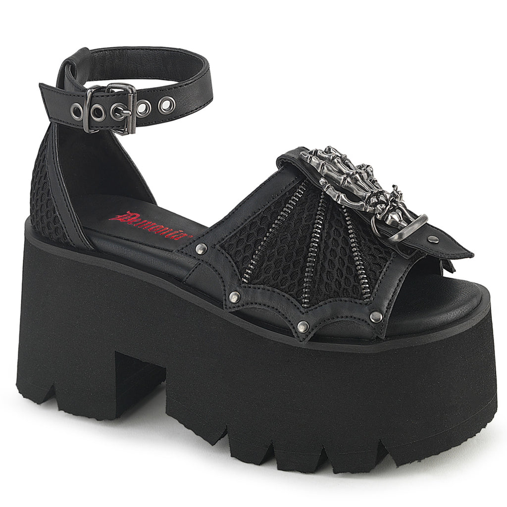DEMONIA ASHES-11 - Black Vegan Leather-Mesh Sandals