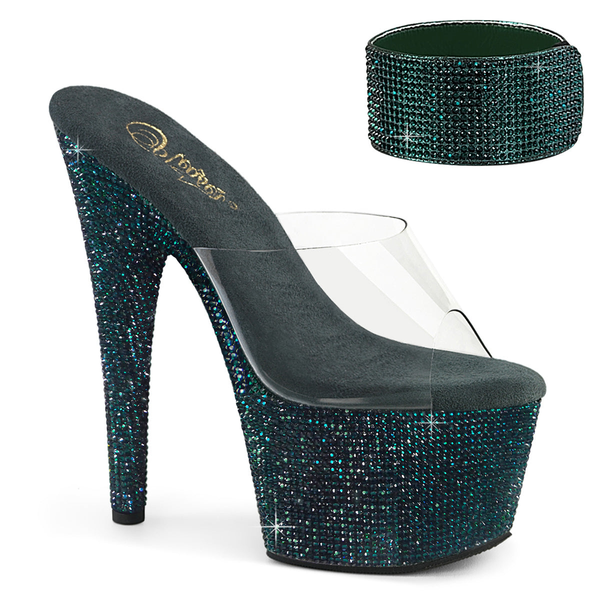 PLEASER BEJEWELED-712RS - Clear/Emerald Green Rhinestone Heels