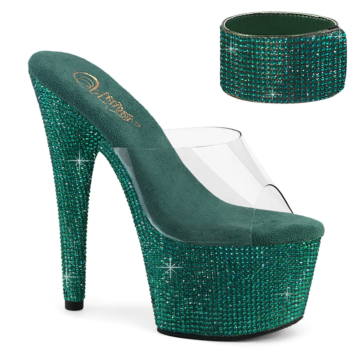 PLEASER BEJEWELED-712RS - Clear/Green Rhinestone Heels