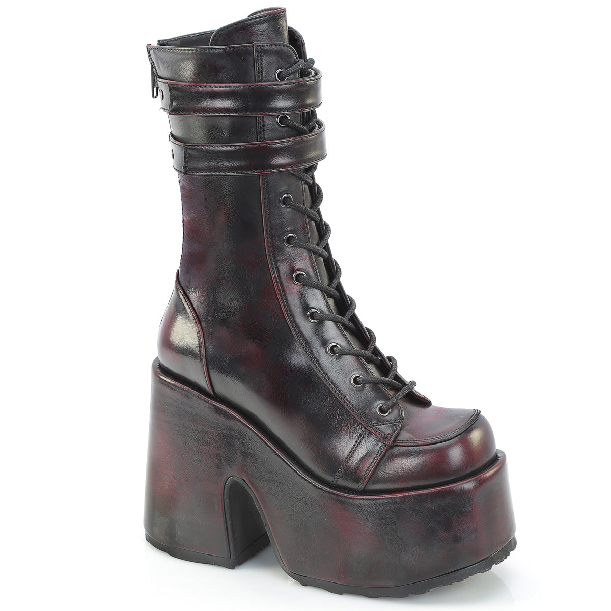 DEMONIA CAMEL-250 - Black-Burgundy Rub-Off Vegan Leather Boots